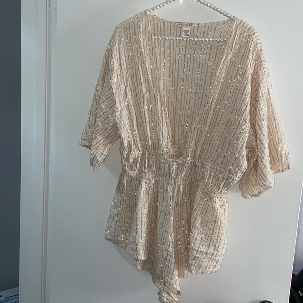 Victoria’s Secret Shine Striped Romper Cover Up peach rose gold metallic low cut